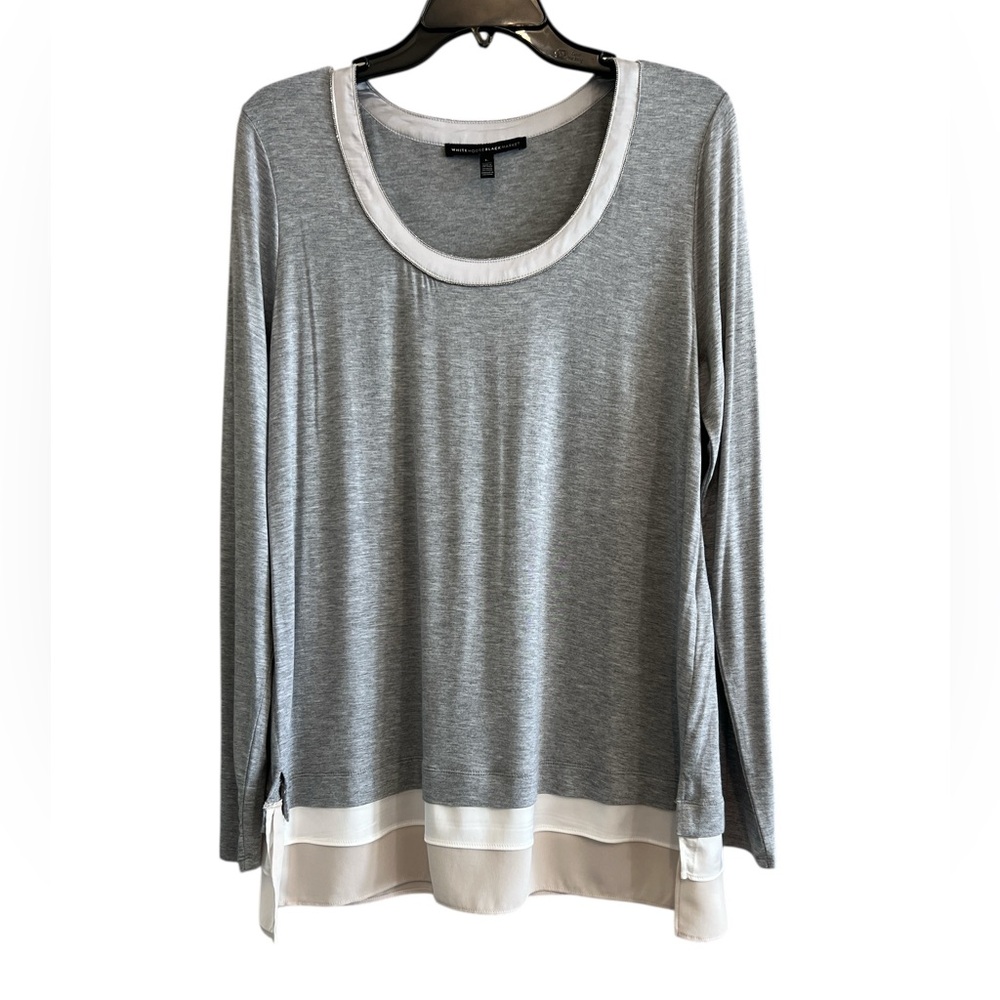 White House Black Market Gray and White/Cream Trim Long Sleeve Tee NEW